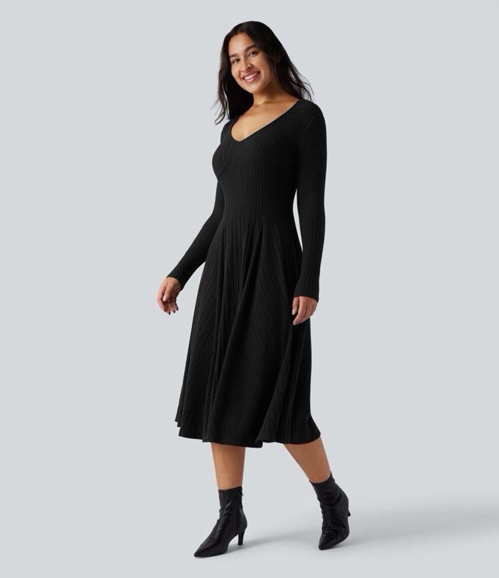 Ribbed Knit V Neck Long Sleeve Flare Midi Casual Dress XL